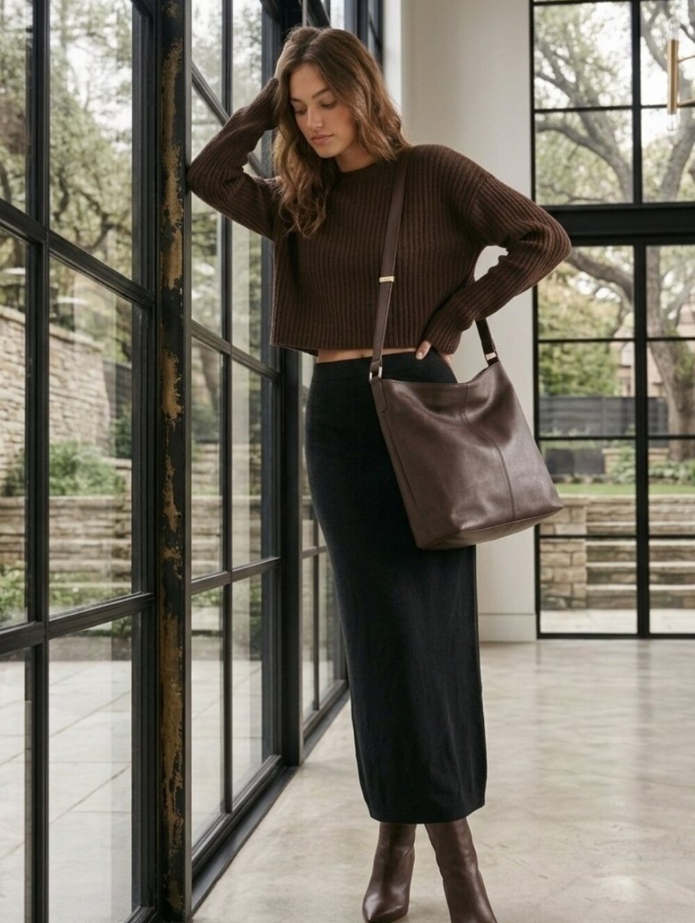Free People Black Ribbed Knit Long Skirt Cozy Minimalist Comfy Midi Stretch S